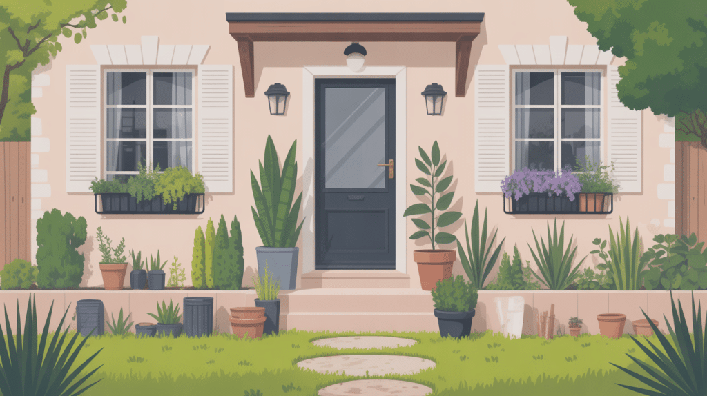 aménagement devant maison pas cher avec gravier, plantes rustiques et façade colorée