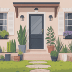 aménagement devant maison pas cher avec gravier, plantes rustiques et façade colorée