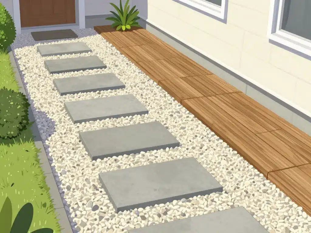 aménagement devant maison pas cher sol gravel pas japonais dalle béton