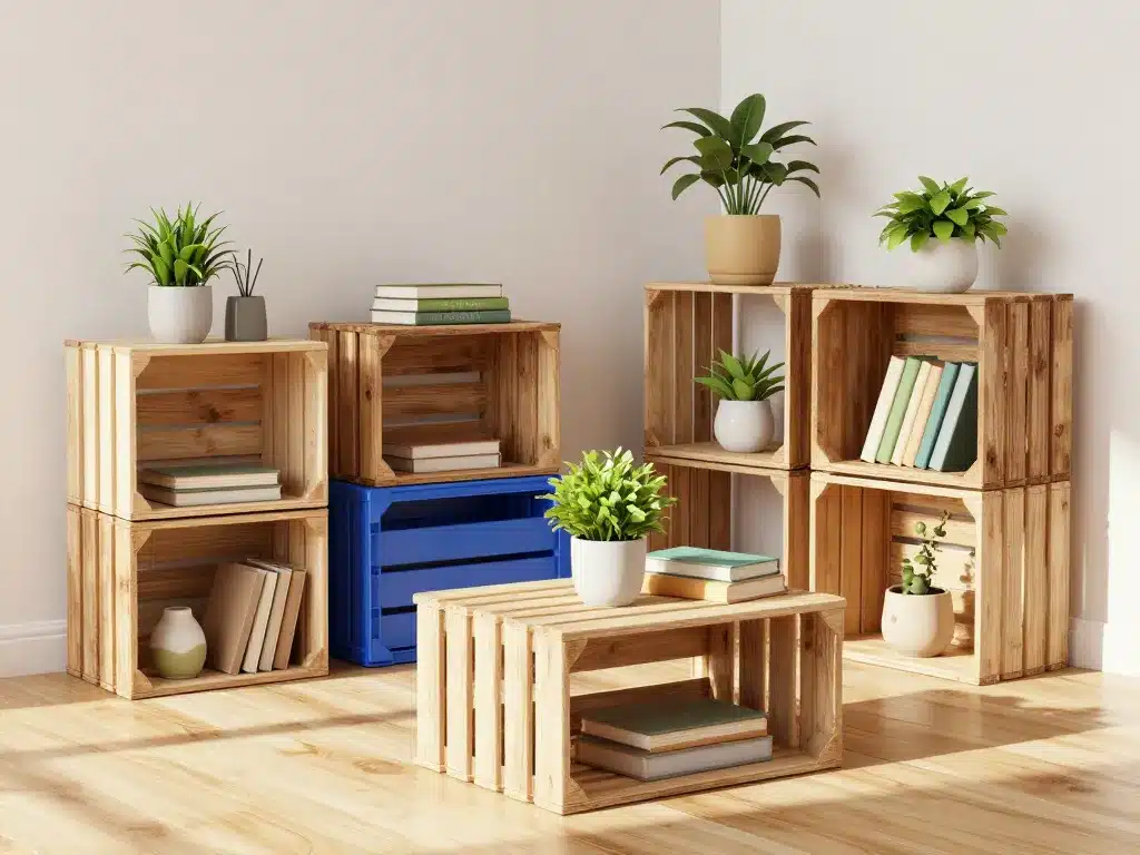 Cagettes utilisées comme étagères, déco et rangement intérieur