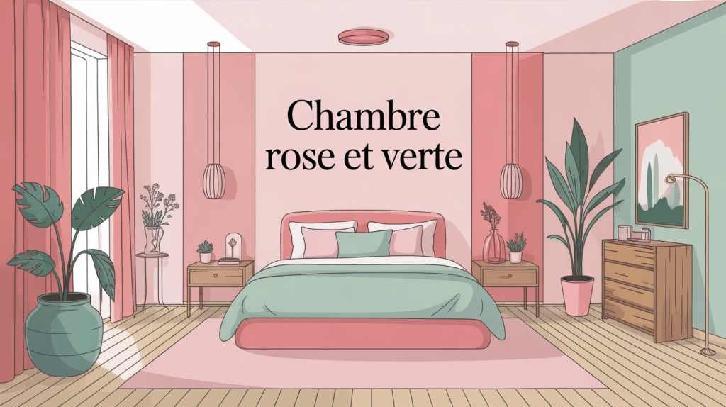 Illustration chambre rose et verte moderne, ambiance douce