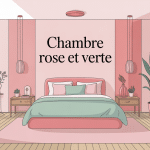 Illustration chambre rose et verte moderne, ambiance douce