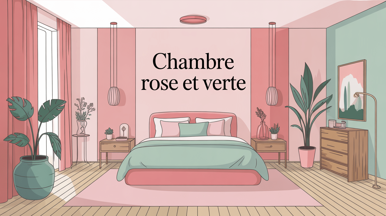 Illustration chambre rose et verte moderne, ambiance douce