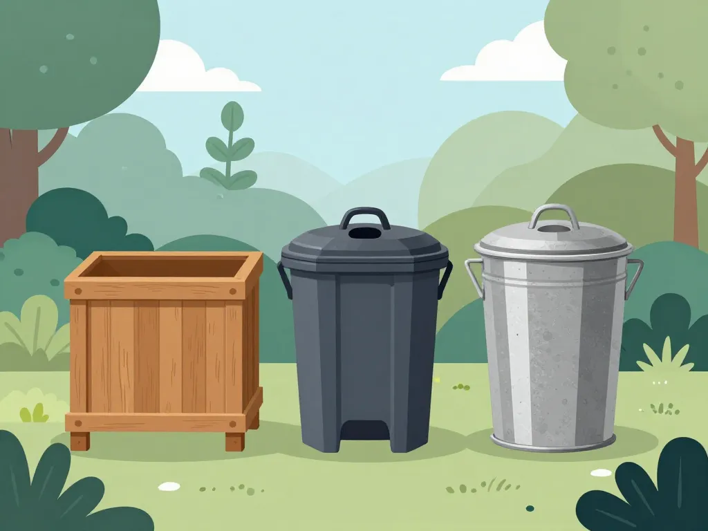 Comparaison composteur en bois, plastique et métal en jardin