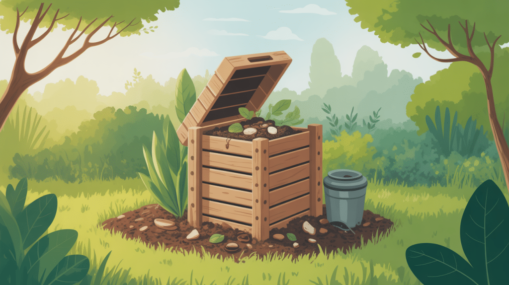 Illustration composteur en bois entouré de déchets organiques