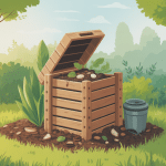 Illustration composteur en bois entouré de déchets organiques