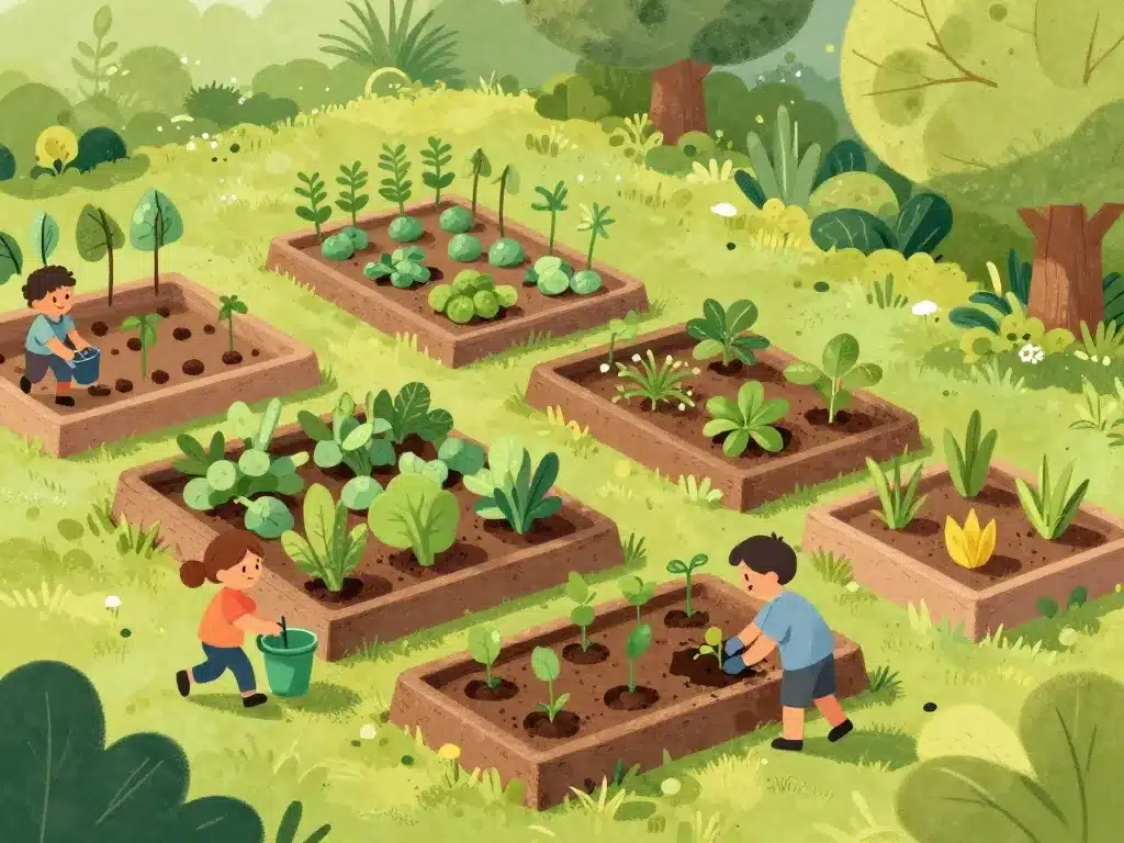 Illustration famille débutant jardin Jardipedia, potager organisé