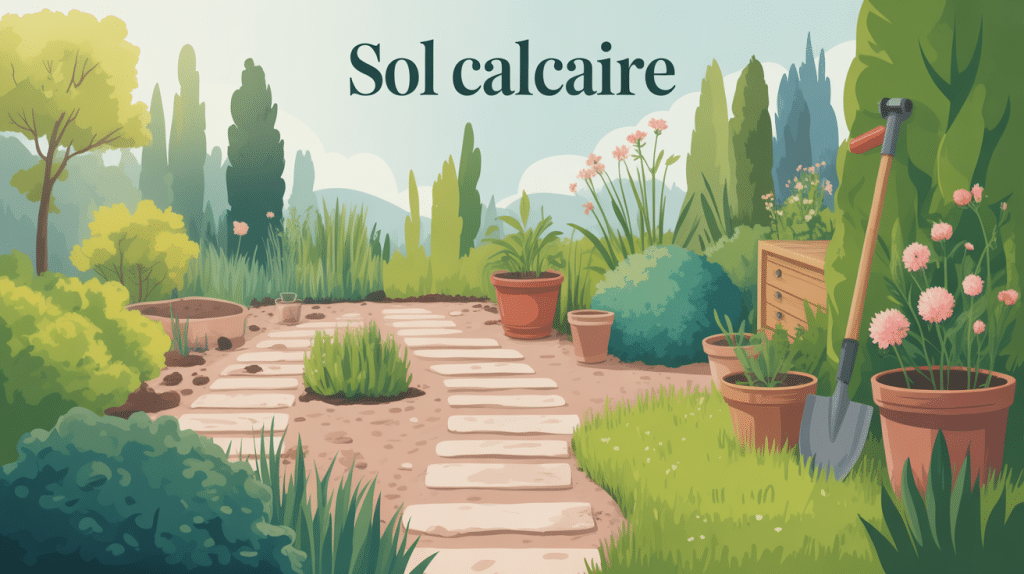 illustration jardin sur sol calcaire avec végétation adaptée