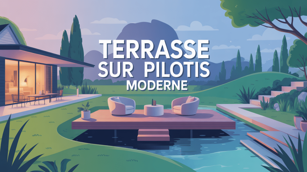 Illustration terrasse sur pilotis moderne maison terrain en pente