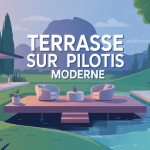 Illustration terrasse sur pilotis moderne maison terrain en pente