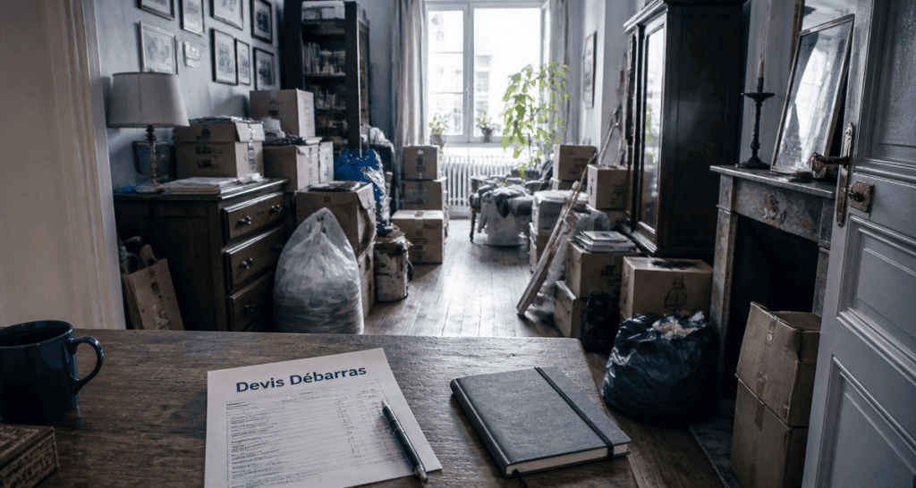devis debarras sur table dans appartement encombré