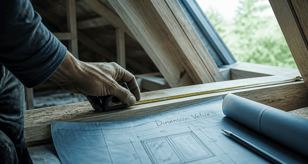 Artisan mesurant dimension Velux sur toiture