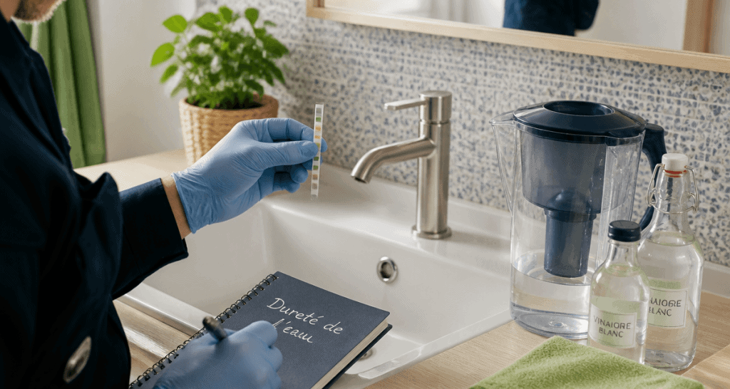 eau calcaire solution test dureté bandelette salle de bain