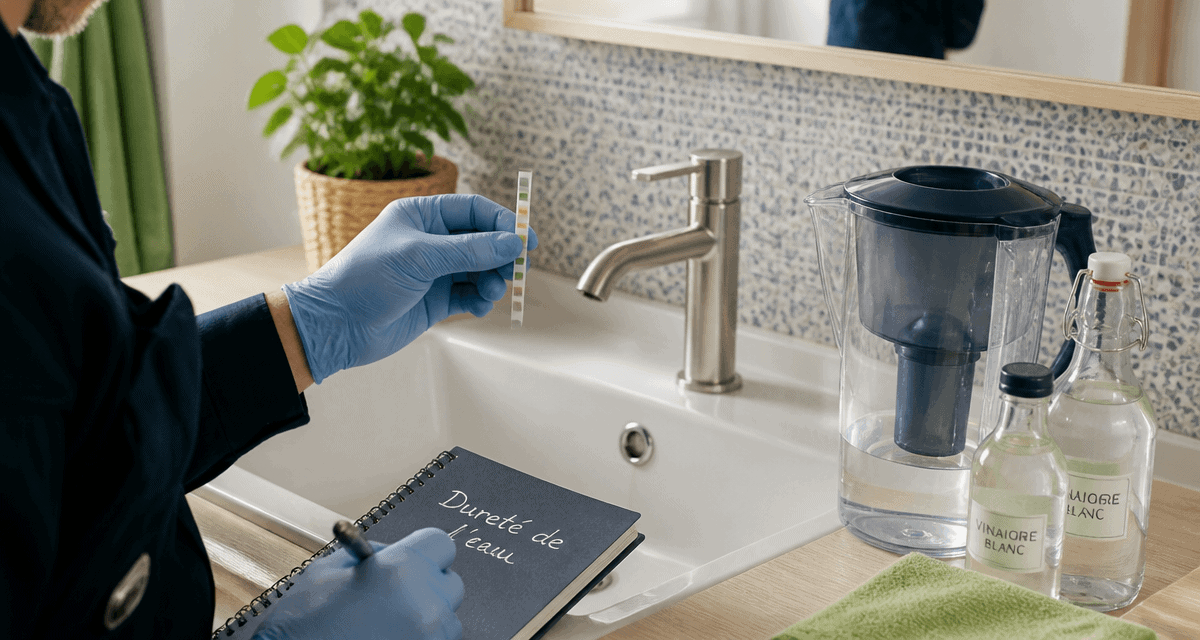 eau calcaire solution test dureté bandelette salle de bain