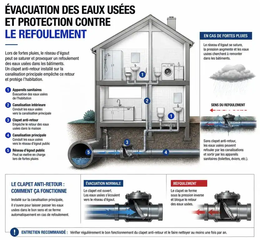 Schéma explicatif du fonctionnement d'un clapet anti-retour pour prévenir la remontée d'eau dans une maison