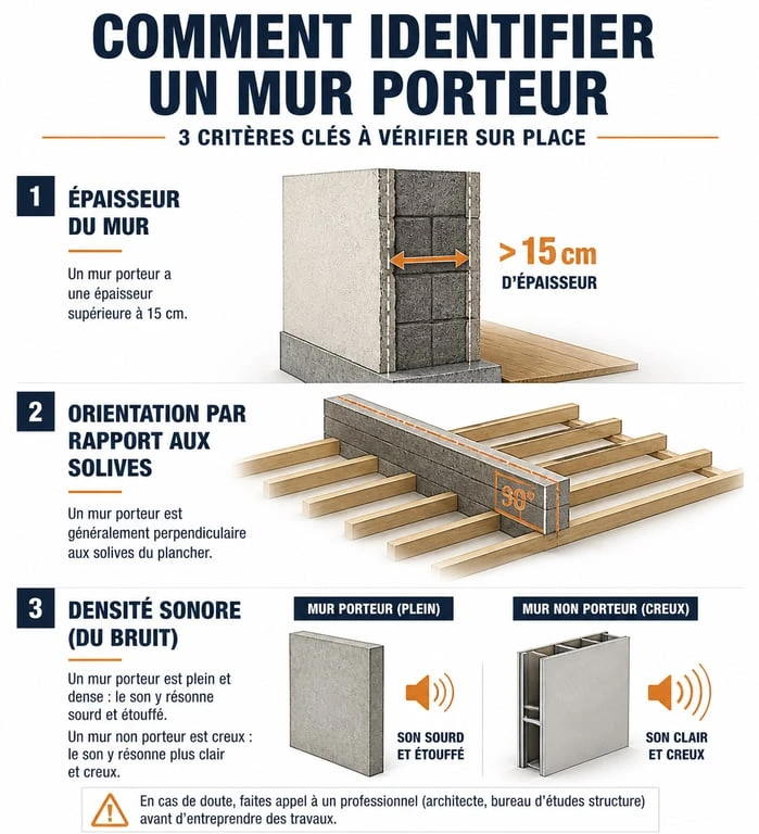 Infographie des critères pour reconnaitre un mur porteur : épaisseur, position par rapport aux solives et densité sonore