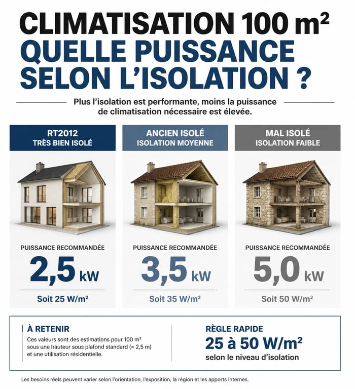 Infographie des besoins en puissance de climatisation pour 100m2 selon l'isolation