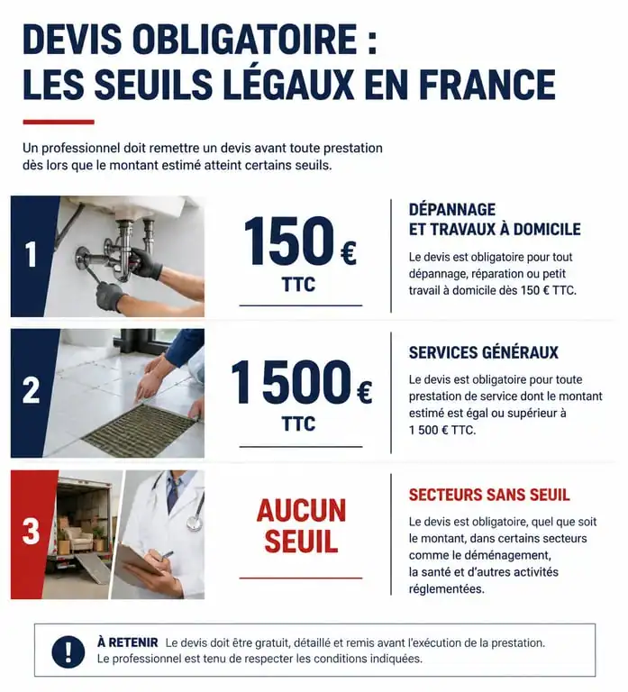 Infographie des seuils légaux pour l'obligation de devis en France