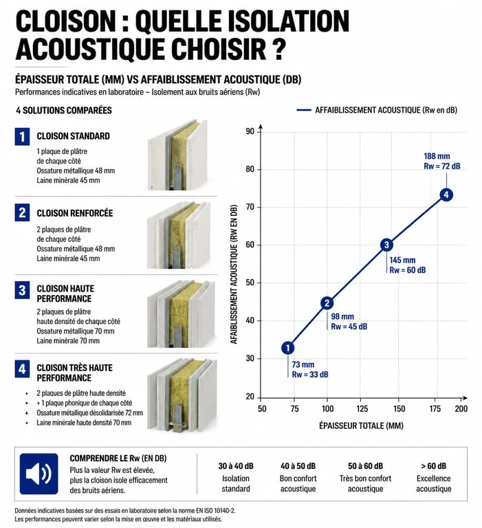 Comparatif des solutions d'isolation phonique pour cloison entre deux chambres : épaisseur et performance acoustique.