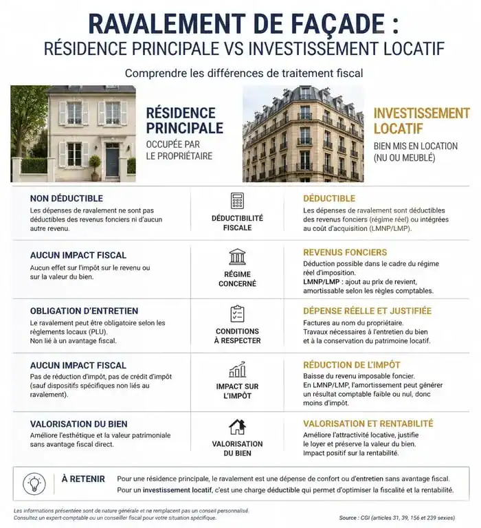 Comparatif fiscal ravalement de façade résidence principale et investissement locatif