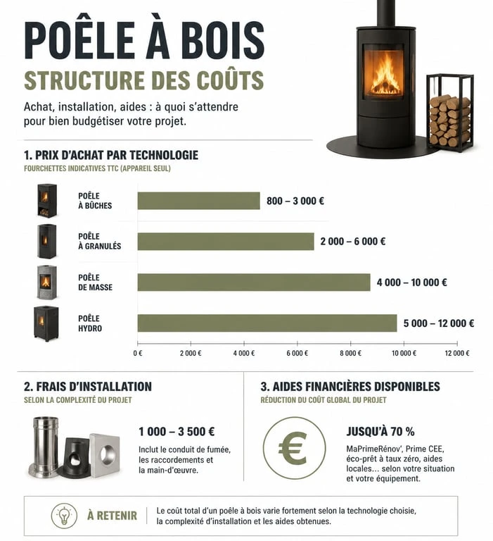 Infographie récapitulative du coût d'un poêle à bois et des aides financières disponibles pour le projet