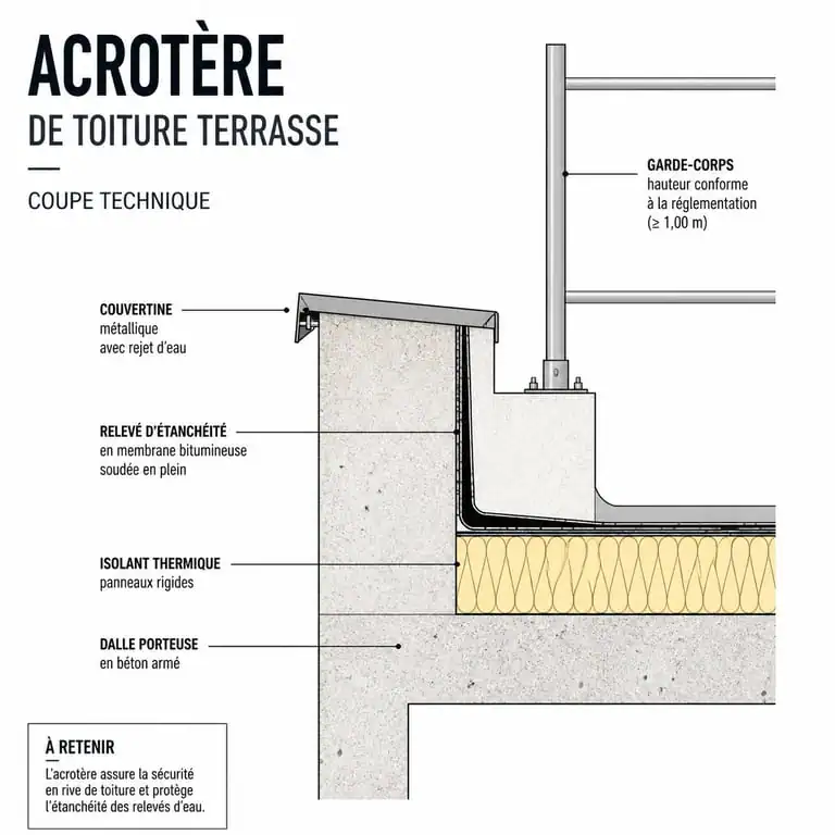 Schéma technique d'un acrotère de toiture terrasse avec étanchéité