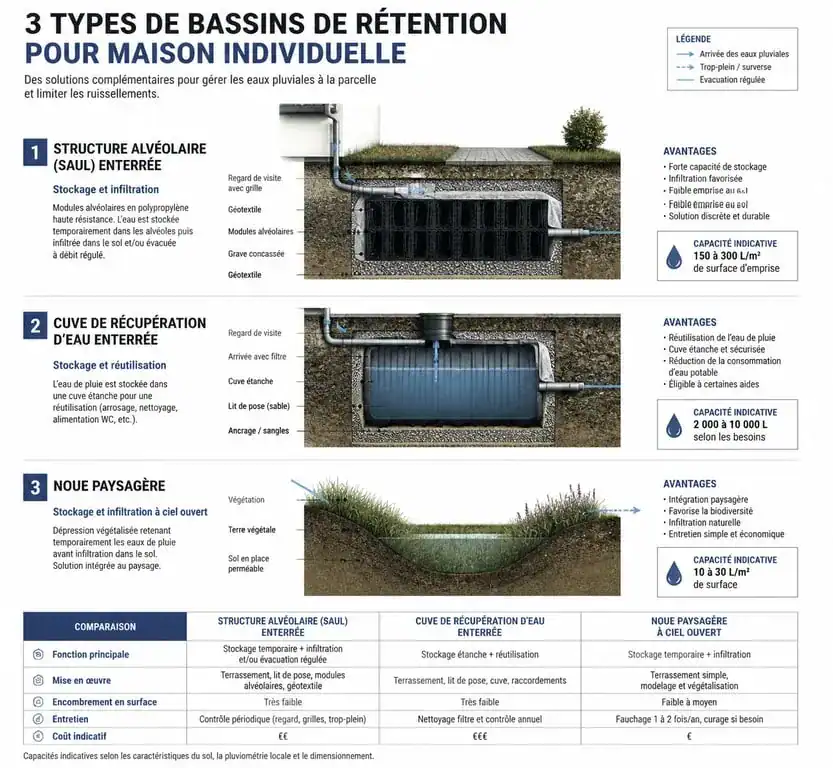 Schéma des différents types de bassins de rétention pour maison individuelle : SAUL, cuve enterrée et noue paysagère.