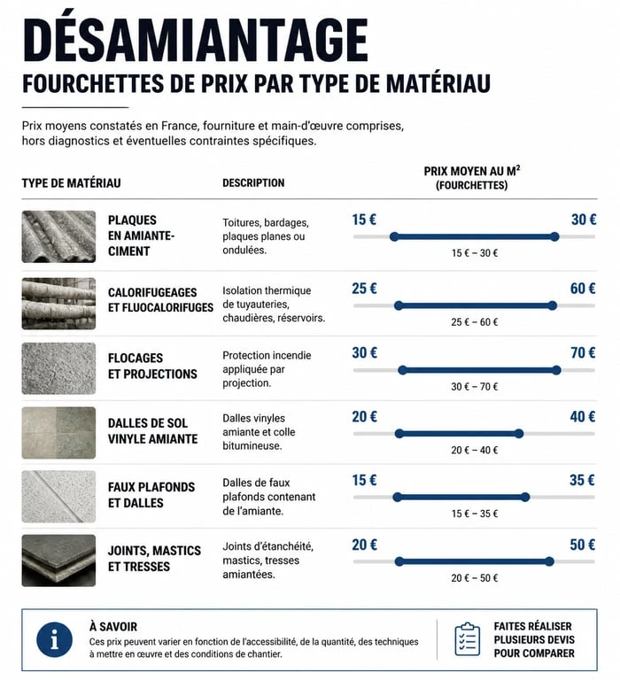 Infographie des prix du désamiantage par type de matériau pour estimer le coût des travaux