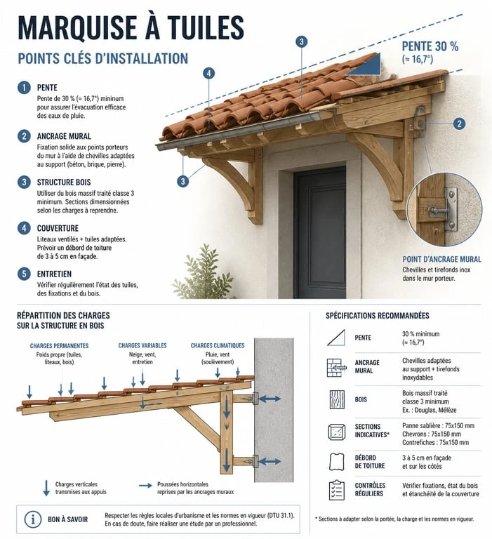 Schéma technique des points clés pour l'installation d'une marquise à tuiles