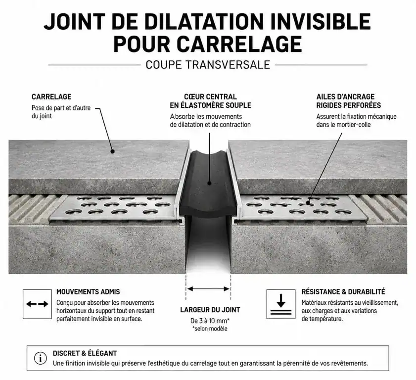Schéma technique d'un joint de dilatation invisible pour carrelage