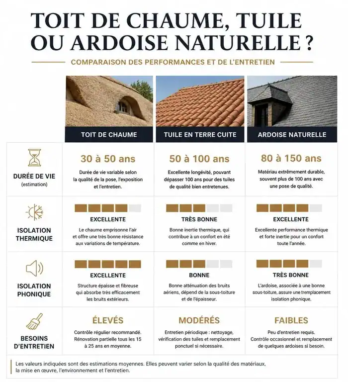 Comparatif des performances et durée de vie : toit de chaume vs tuile vs ardoise