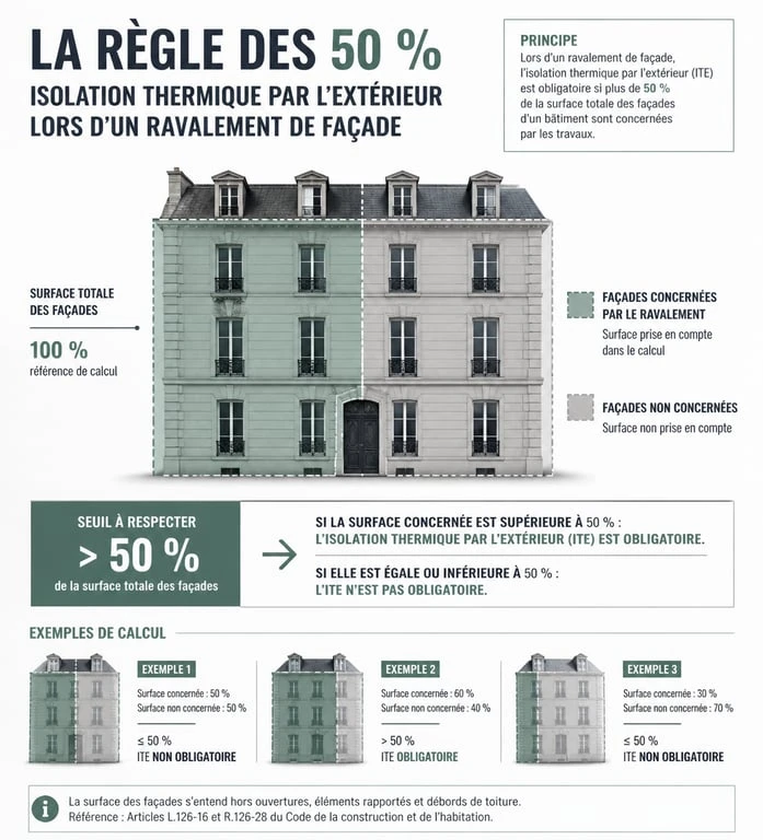 Schéma explicatif de l'obligation d'isolation thermique par l'extérieur (ITE) lors d'un ravalement de façade d'immeuble ancien.