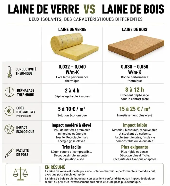 Comparatif laine de verre vs laine de bois : performances thermiques, acoustiques et écologiques.