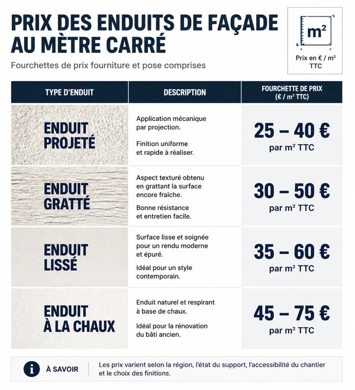 Infographie comparative des prix de l'enduit au m2 selon la technique de pose