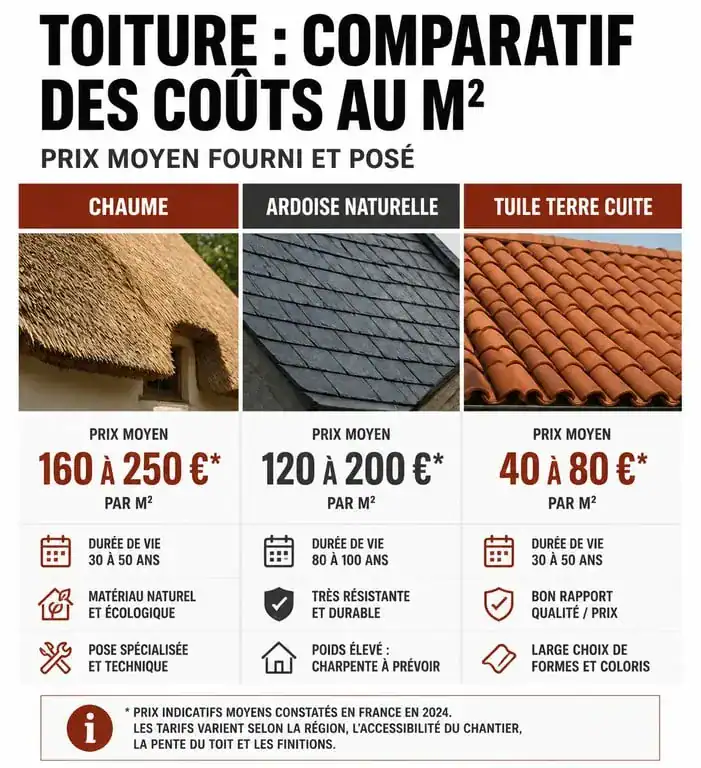 Comparatif des prix au m² des toitures : chaume, ardoise et tuile