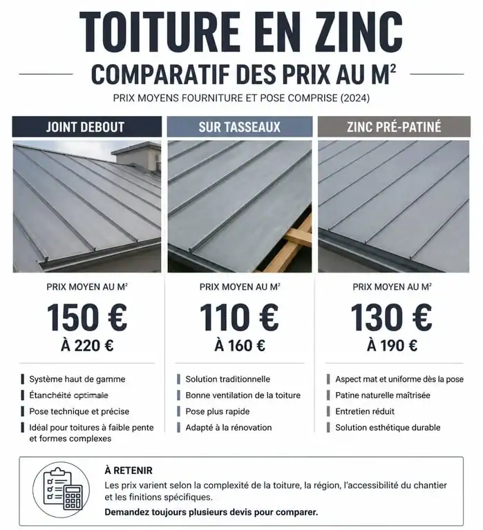 Comparatif des prix au m² des techniques de pose de toiture en zinc