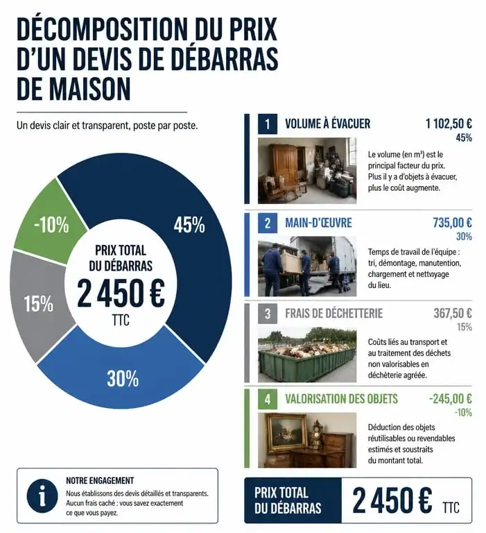 Infographie expliquant le calcul et la composition d'un exemple de devis débarras maison