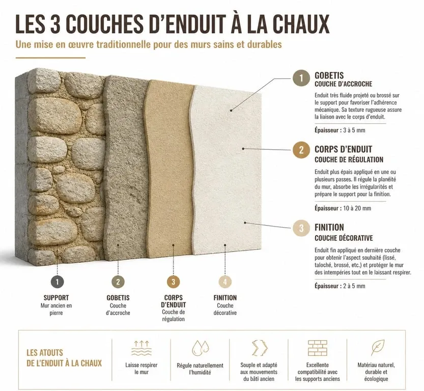 Schéma technique des trois couches d'un enduit à la chaux : gobetis, corps d'enduit et finition