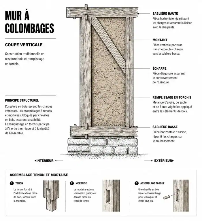 Schéma technique d'une structure de maison à colombages et ses composants