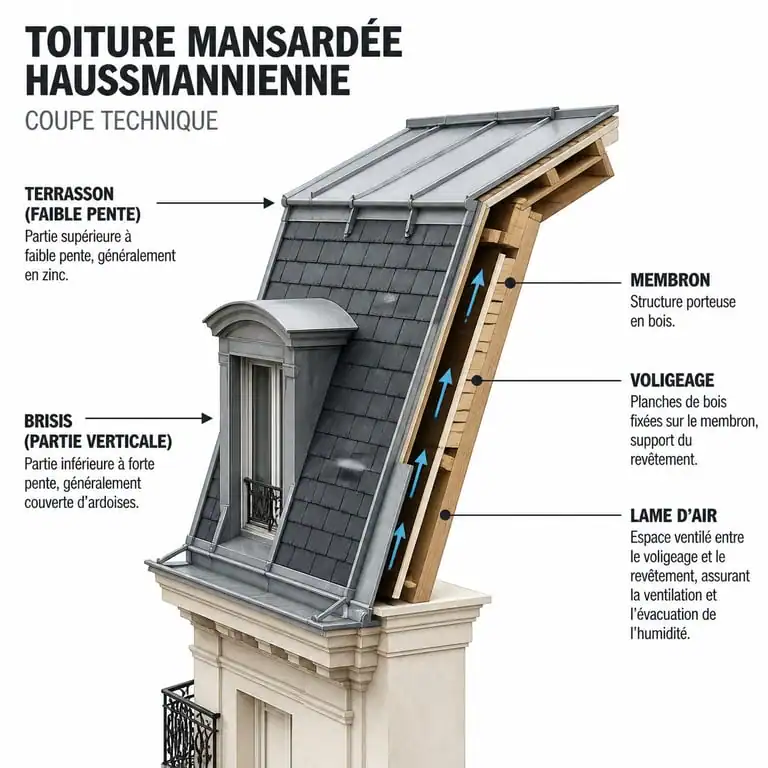 Schéma technique de l'anatomie d'un toit mansardé avec terrasson en zinc