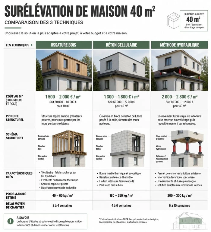 Infographie comparative des prix et techniques pour une surélévation de maison de 40m2
