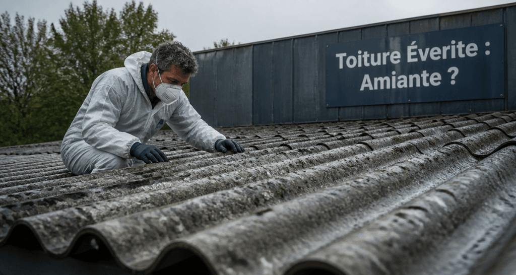 Couvreur inspectant éverite toiture pour amiante
