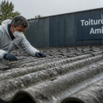 Couvreur inspectant éverite toiture pour amiante