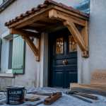Marquise tuiles bois massif au-dessus porte d'entrée