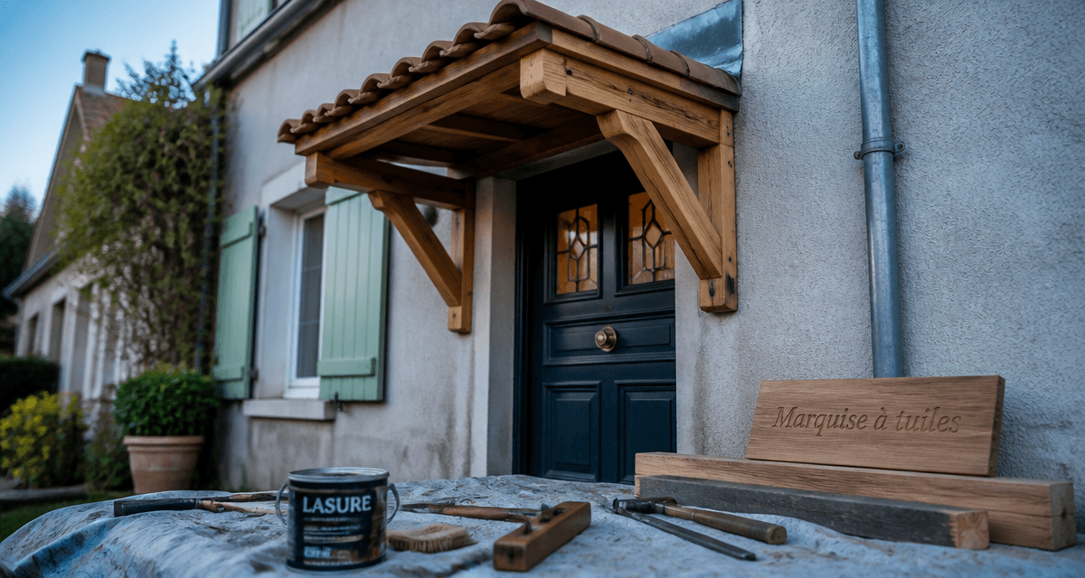 Marquise tuiles bois massif au-dessus porte d'entrée