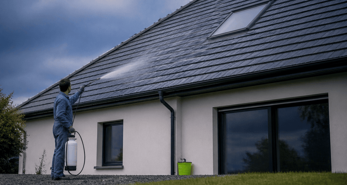 Pulverisation toiture sur toit tuiles grises