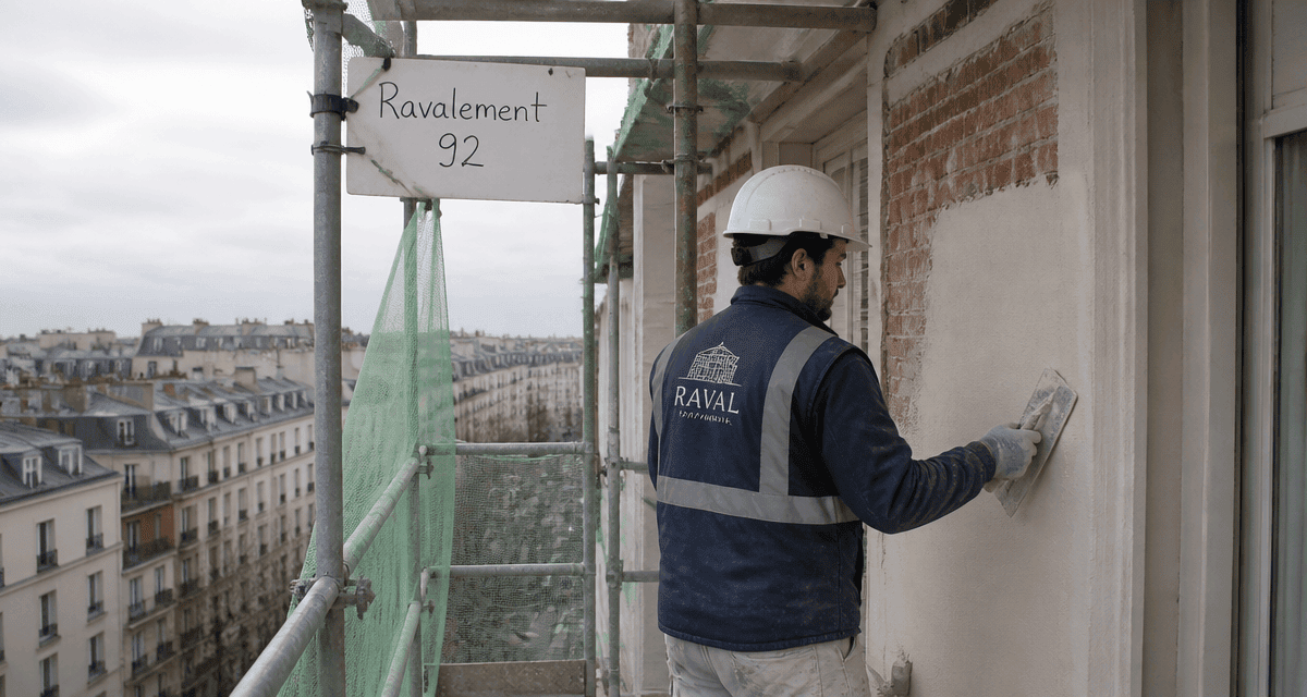 Ravalement 92 artisan sur chantier façade
