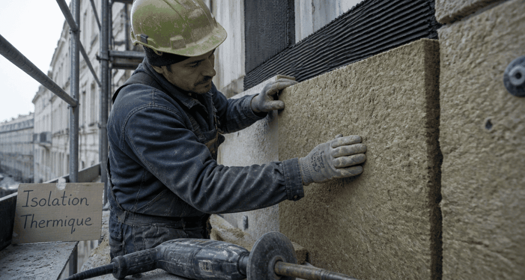 ravalement ite ouvrier pose isolant façade