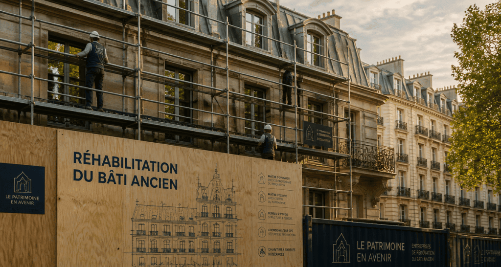 réhabilitation de bâtiments anciens Paris, façade haussmannienne en travaux