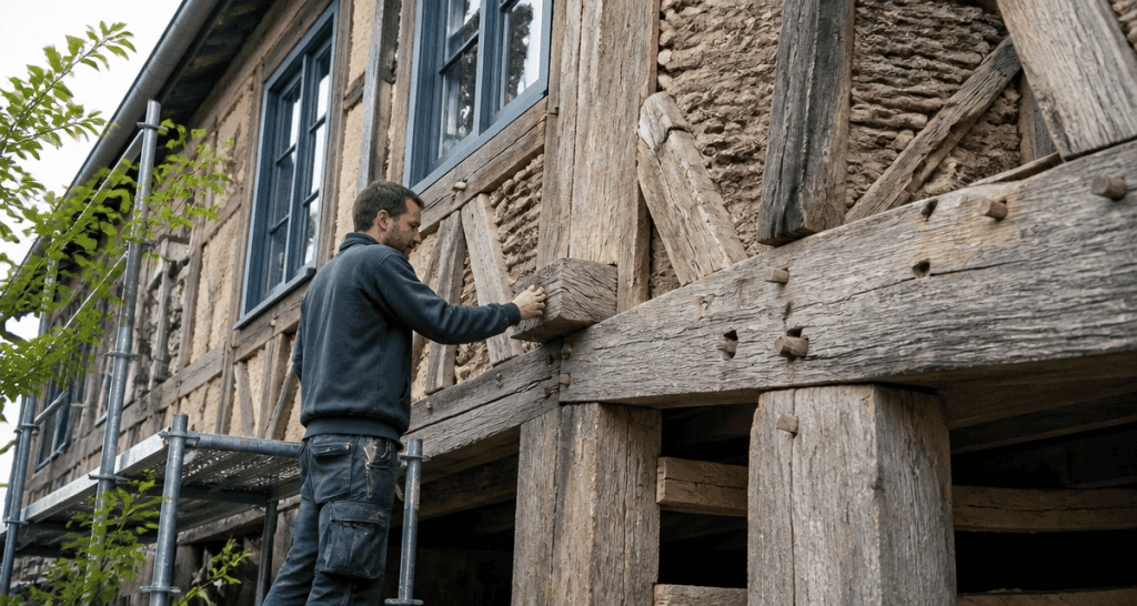 artisan rénovant colombage maison